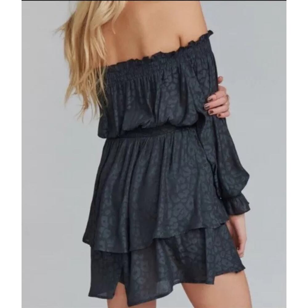 Show Me Your MuMu Esmerelda Cheetah Off-the-Shoulder Dress Tiered Blue S Whimsy - Picture 2 of 11